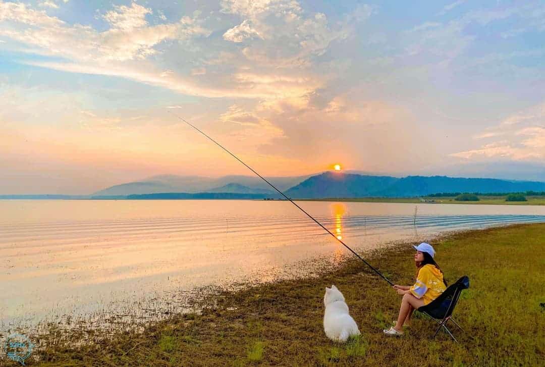 Cô gái bên cạnh con chó câu cá tại hồ dầu tiếng bầu trời lặn